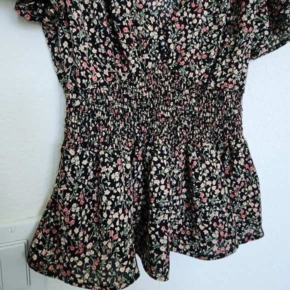 Ambiance Black Floral Smocked Peplum Blouse with Pink and Cream Flowers - Picture 3 of 4
